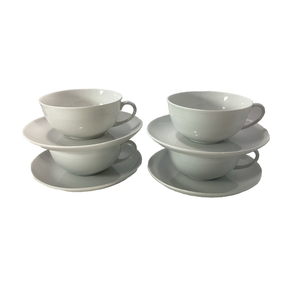 ARZBERG Germany WHITE FINE PORCELAIN TEA Cup & Saucer SET Of 4 VINTAGE